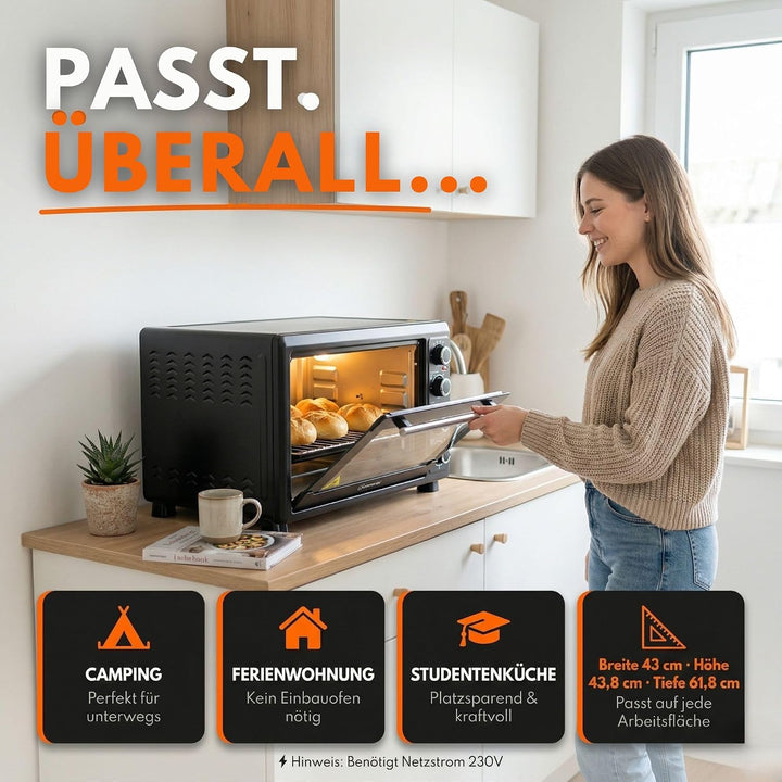 Sommertal Minibackofen 45L | 2000W, Drehspiess, Umluft, 100-230°C, 60min | Hähnchengrill, Konvektion