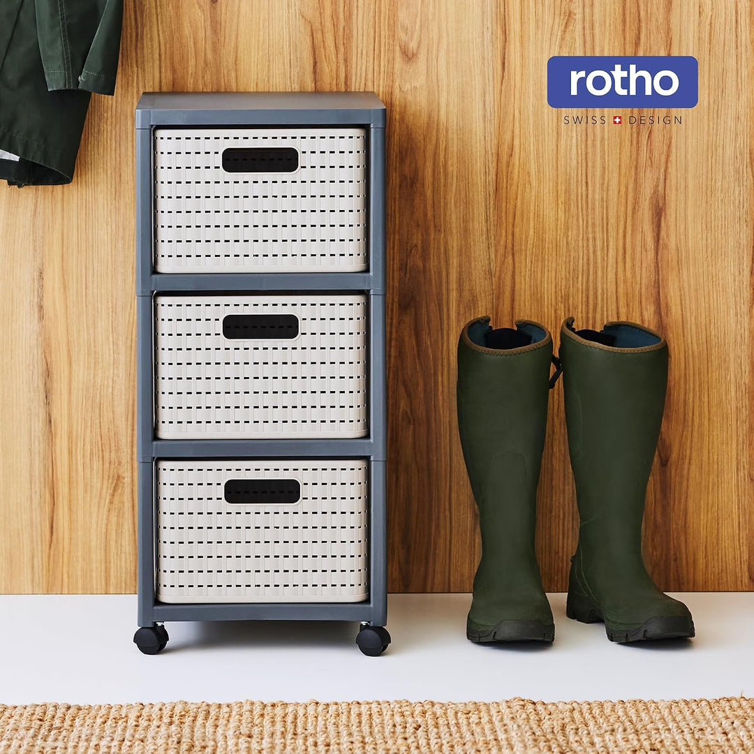 Rotho Country Rollcontainer mit 3 Schubladen in Rattan-Optik, Kunststoff (PP) BPA-frei, anthrazit, 3