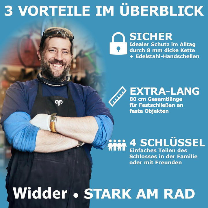 WIDDER Sicheres Handschellenschloss [80cm lang, 4 Schlüssel, 8mm Massiv Stahl] E Scooter Schloss mit