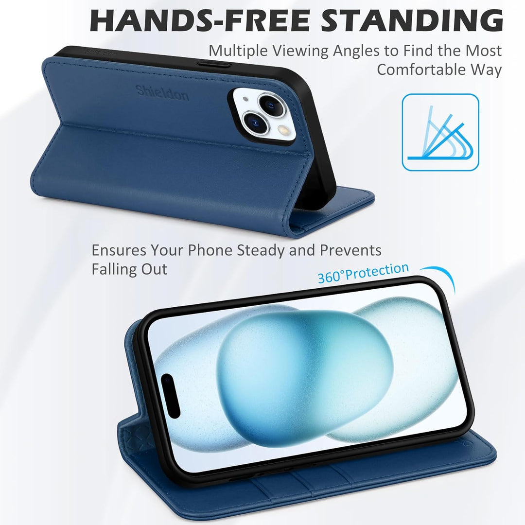 SHIELDON Hülle für iPhone 15, Schutzhülle [Rindsleder] [Stossfest] [Standfunktion] [Kartenfach] TPU