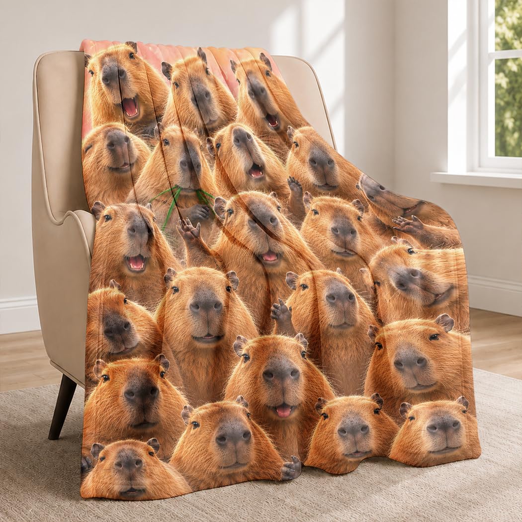 Capybara Collage Flanell Decke, Beliebte Kuscheldecke mit vielen Capybaras, Tierdecke als Geschenk,