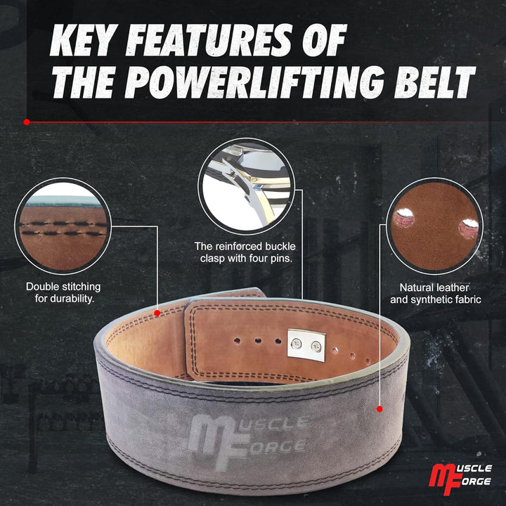 MuscleForge Leder Powerlifting Gürtel mit Stahlschnalle - Gewichthebergürtel für Powerlifting, Weigh