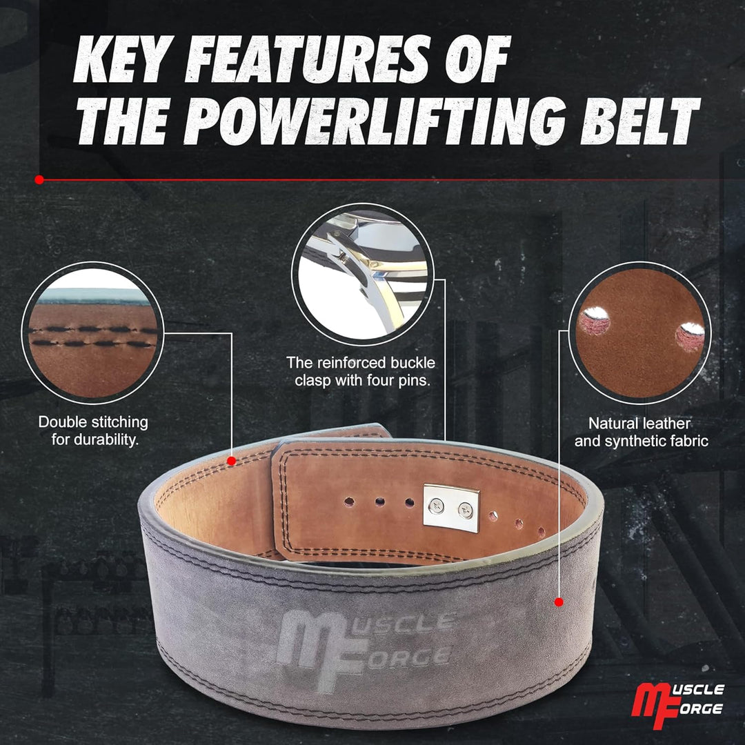 MuscleForge Leder Powerlifting Gürtel mit Stahlschnalle - Gewichthebergürtel für Powerlifting, Weigh