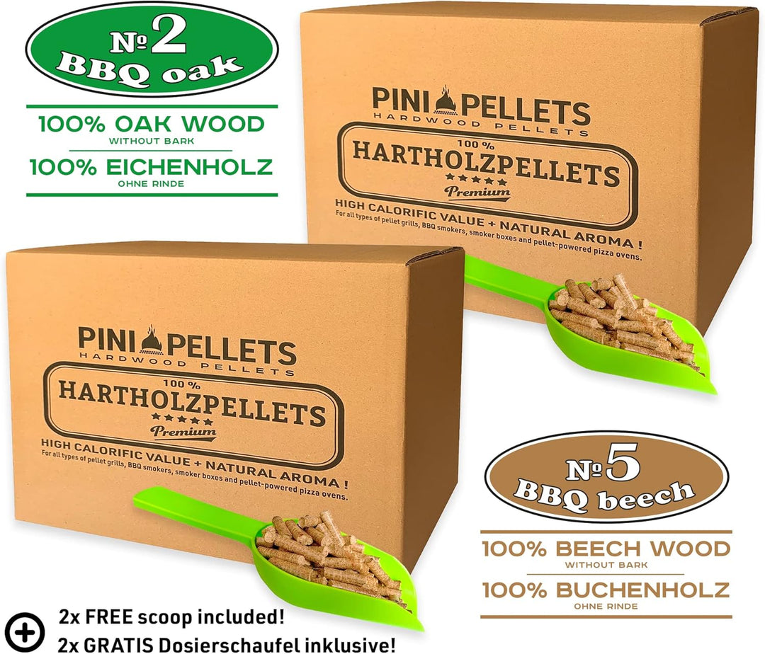 PINI Hartholz Pellets Eiche 15 Kg + Buche 15 Kg für Grill, Smoker, Pizzaofen und Heizungsanlagen