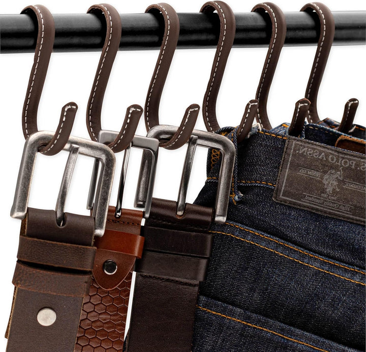 Brute Strength - S-Haken mit Vollnarbenleder umwickelt - 6 Stück - Braun - 10 cm Edelstahl-Metallbüg