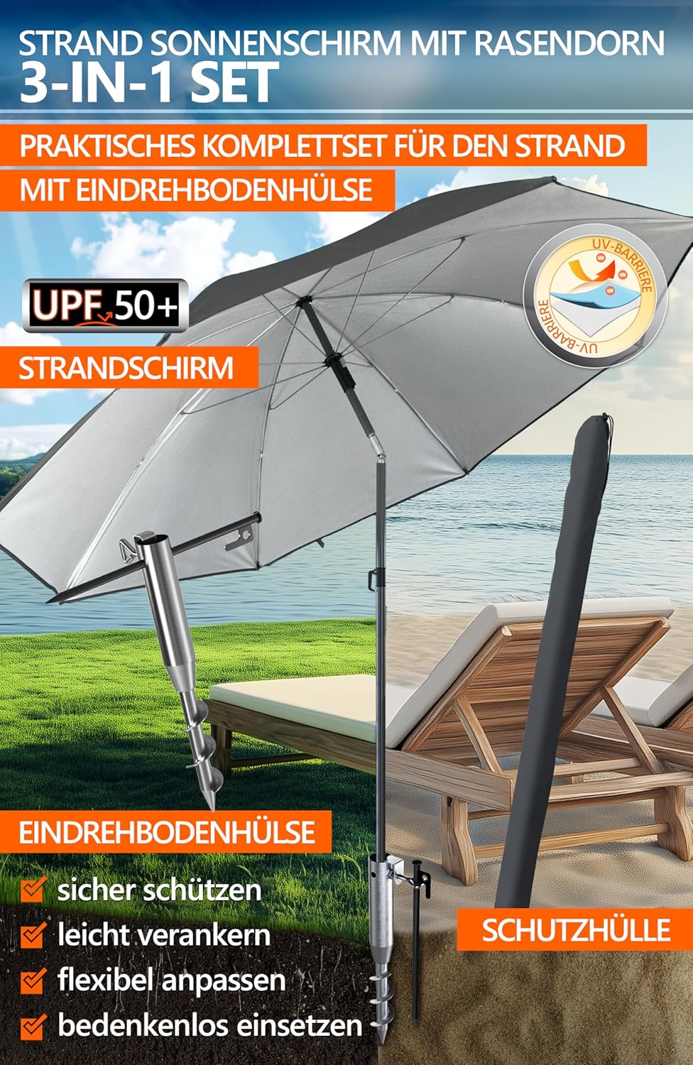 4smile Sonnenschirm Strand 3-IN-1-SET Ø 160 cm, Strandschirm Windfest Stabil mit Eindrehbodenhülse &