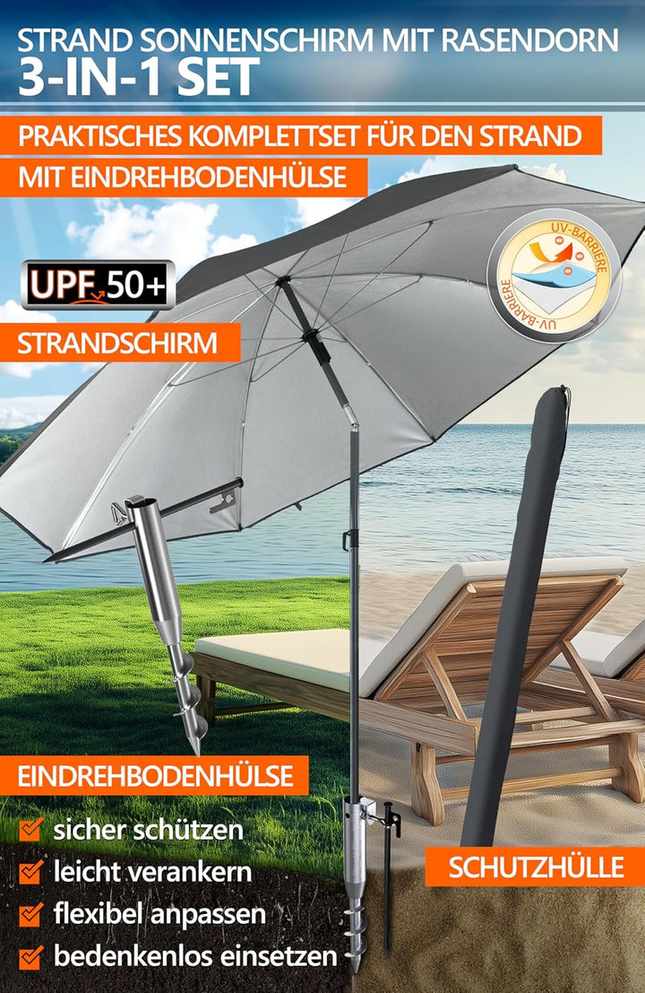 4smile Sonnenschirm Strand 3-IN-1-SET Ø 160 cm, Strandschirm Windfest Stabil mit Eindrehbodenhülse &