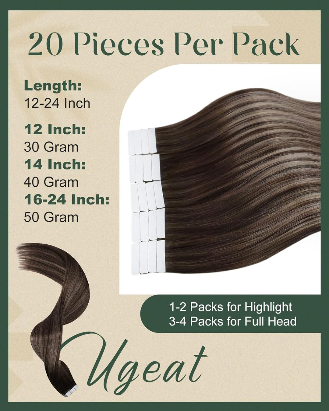 Ugeat Tape in Extensions Echthaar 50 cm Extensions Echthaar Tape in Balayage Dunkelbraun mit Aschblo