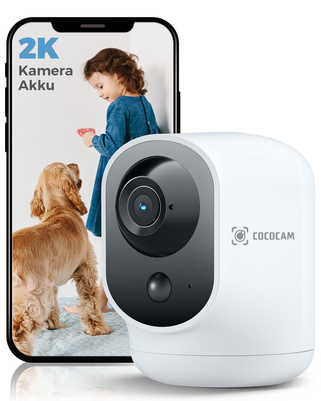 COCOCAM 2K Überwachungskamera Innen WLAN mit 5200mAh Akku, kabelloser 355°P 90°T, Baby Monitor Haust