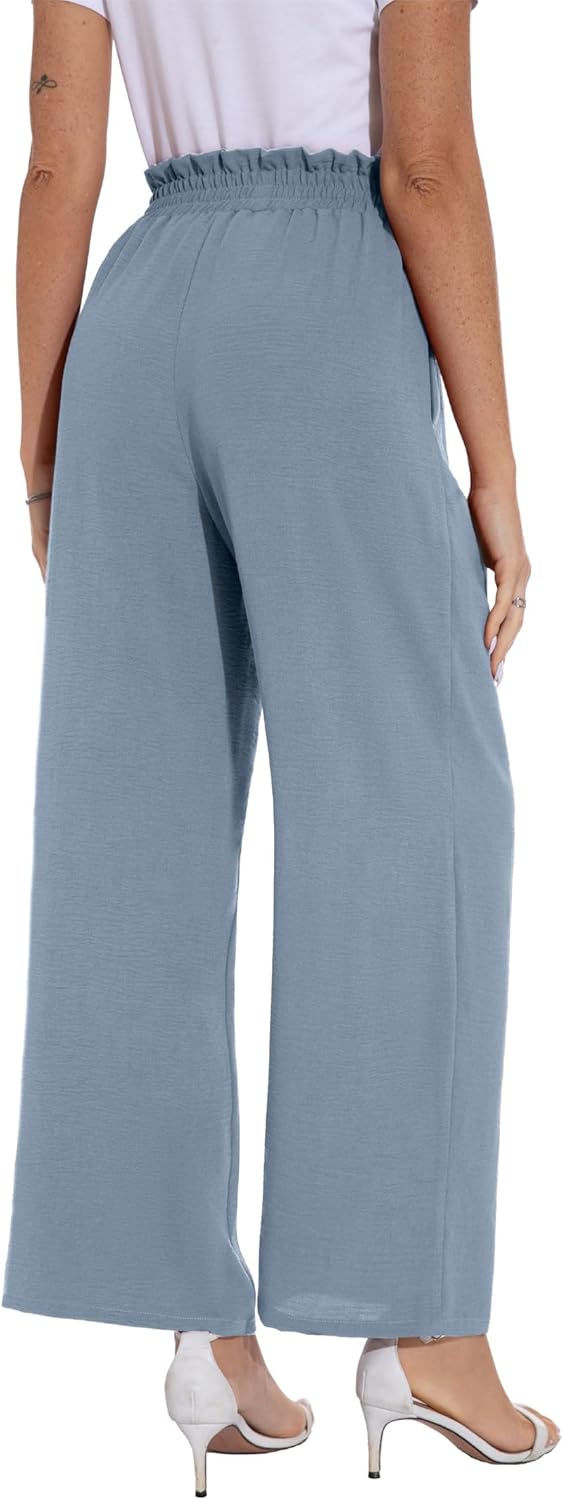 PrinStory Damen Hose Mit Weitem Bein Leichte Elastische Taille Sommer Hose Mit Taschen Kausale Arbei