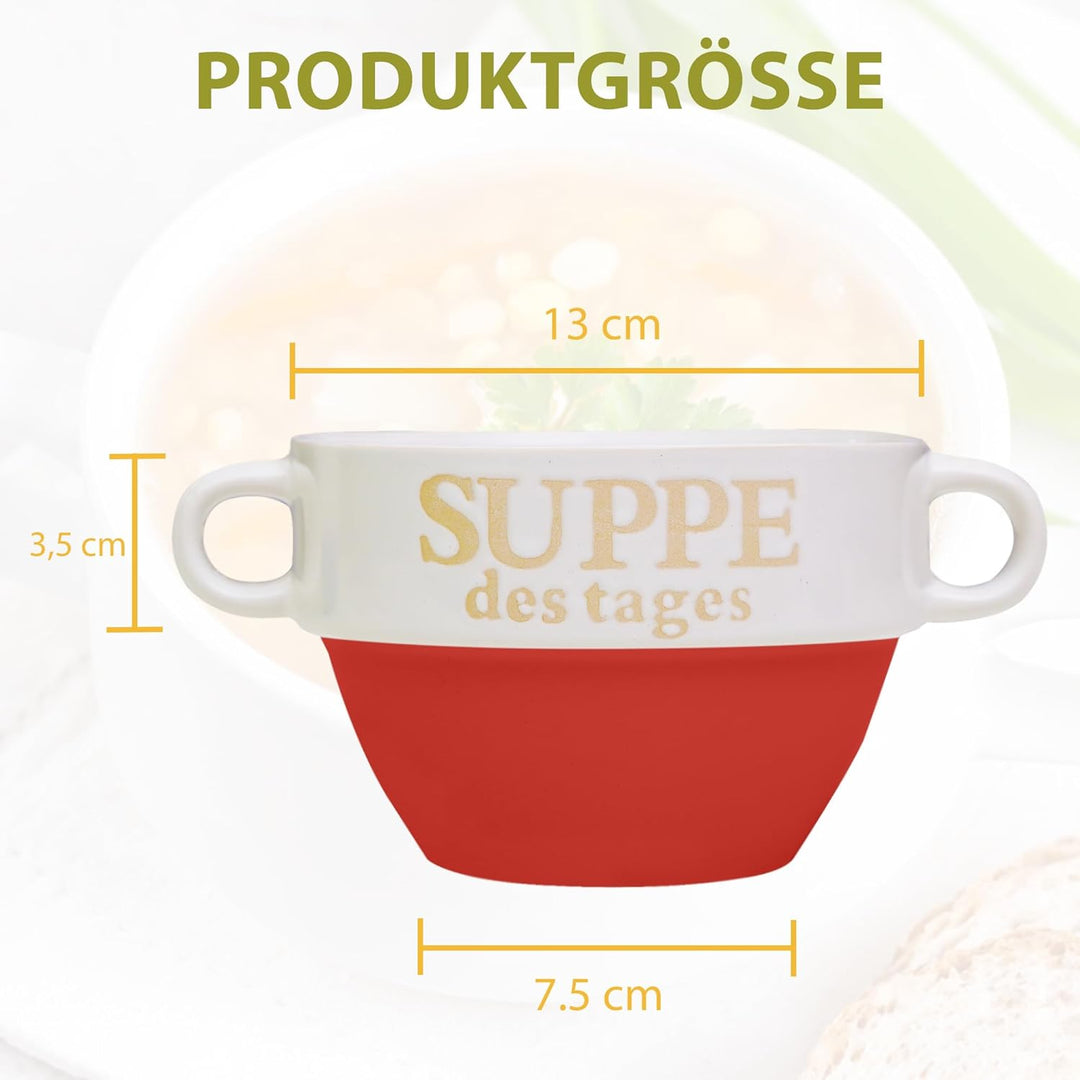 DRULINE 12 Stück Suppentasse aus Keramik mit Schriftzug Suppe des Tages Ø 13 cm Rot 12 Stück Rot, 12