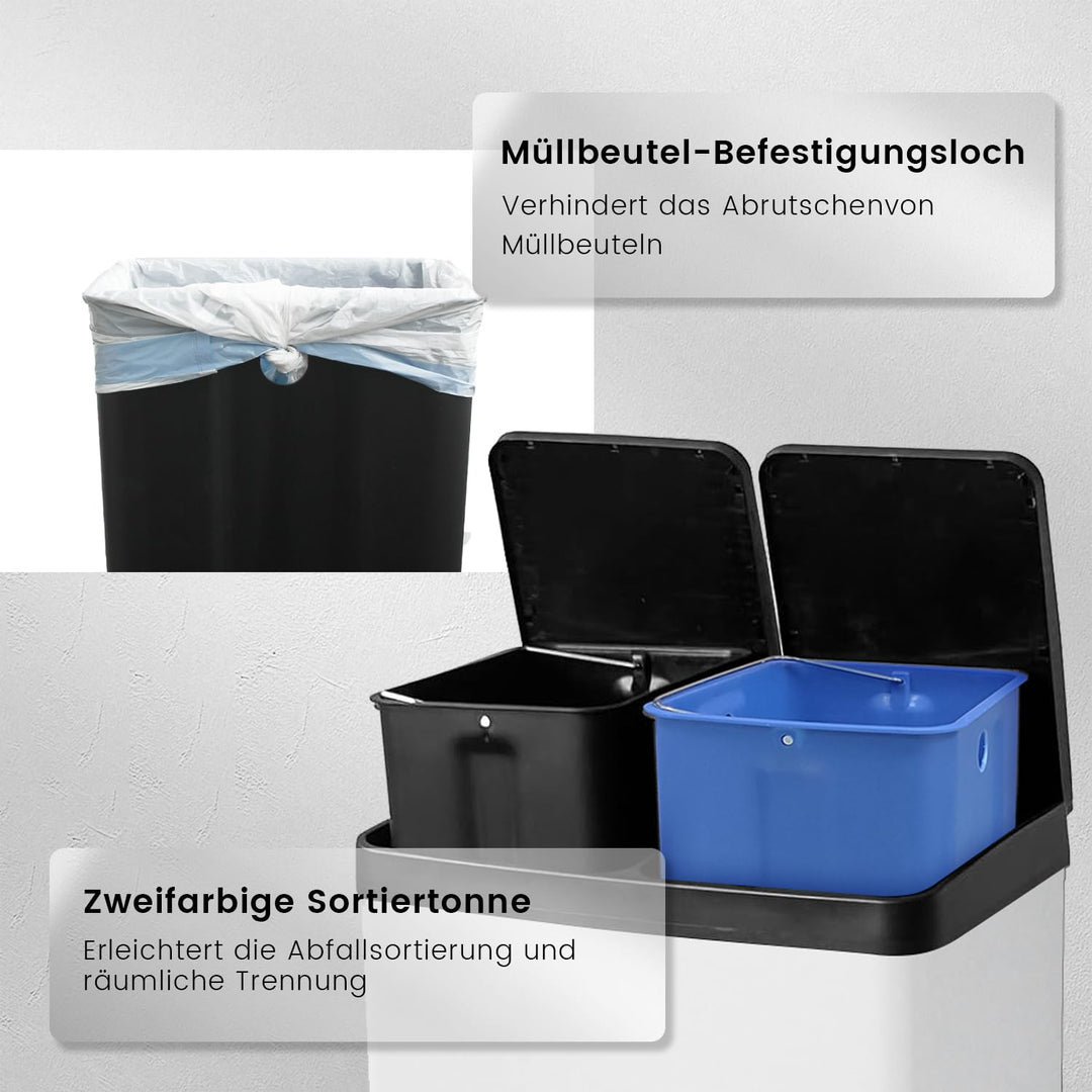 Mülleimer,60L Mülleimer 2 Fächer,2×30Liter Mülltrennsystem mit Inneneime,Tretmülleimer Küche 2 fäche
