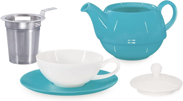 Tea for One mit Sieb Lena 500ml aus Crystal Bone China Porzellan in türkis. Teekanne + Teetasse + Un