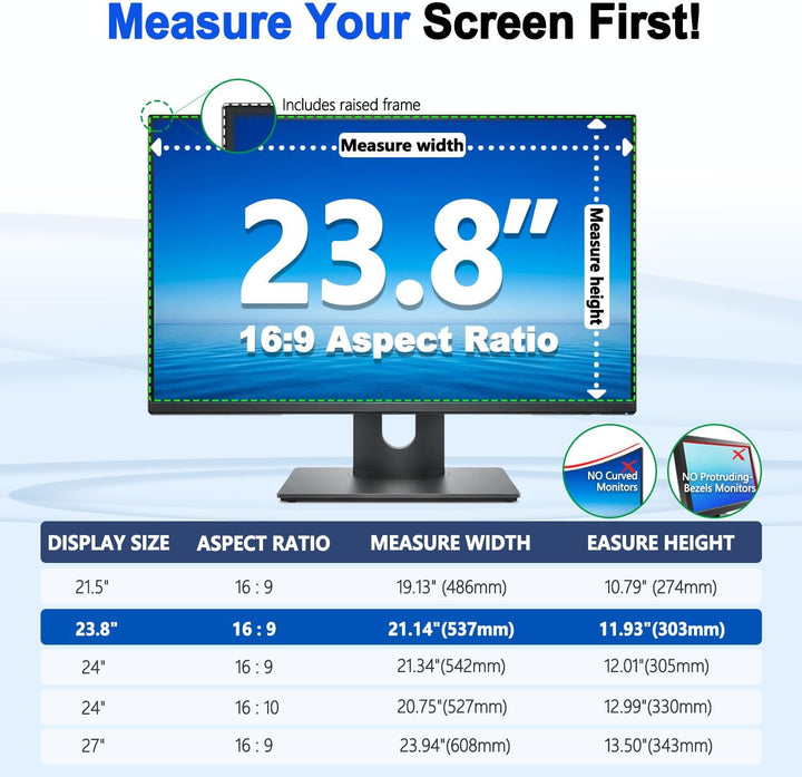 23.8 Zoll Monitor Magnetisch Blickschutzfolie 16:9 Seitenverhältnis, Anti Blaulichtfilter, Anti Glar