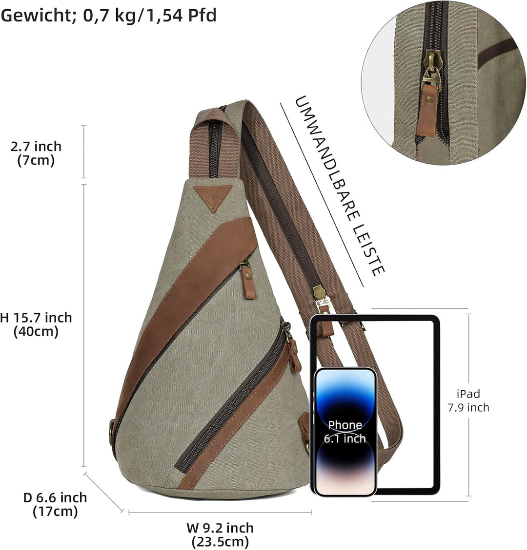 KL928 Canvas Sling Bag, Echte Leder Crossbody Bags Brusttasche Rucksack für Herren und Damen, Should