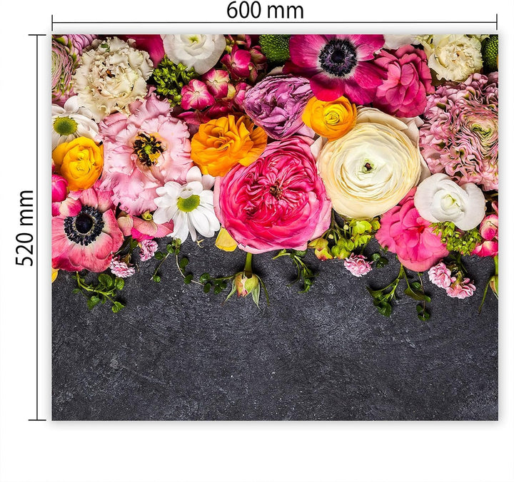SmartDecoration Herdabdeckplatte Ceranfeldabdeckung aus Glas 60x52 cm Einteilig Motiv "Blumen" Rosa