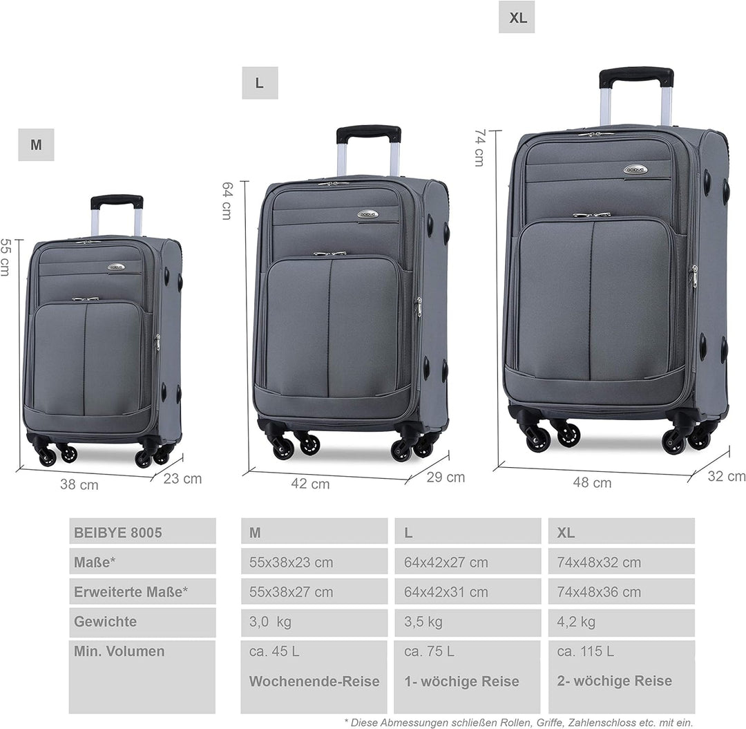BEIBYE 4 Rollen Reisekoffer 3tlg.Stoffkoffer Handgepäck Kindergepäck Gepäck Koffer Trolley Set-XL-L-