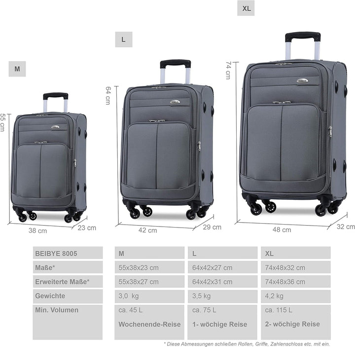 BEIBYE 4 Rollen Reisekoffer 3tlg.Stoffkoffer Handgepäck Kindergepäck Gepäck Koffer Trolley Set-XL-L-