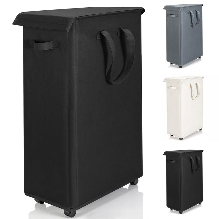 Slim Wäschekorb mit Deckel 55L, Wäschebeutel mit Rollen, atmungsaktiv, zusammenklappbar, schmal,für