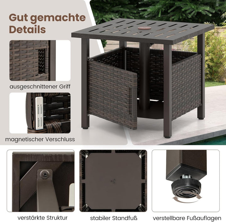 COSTWAY Beistelltisch Outdoor wetterfest, Rattan Gartentisch mit Schirmloch und 2 Sandsäcken, Kleine