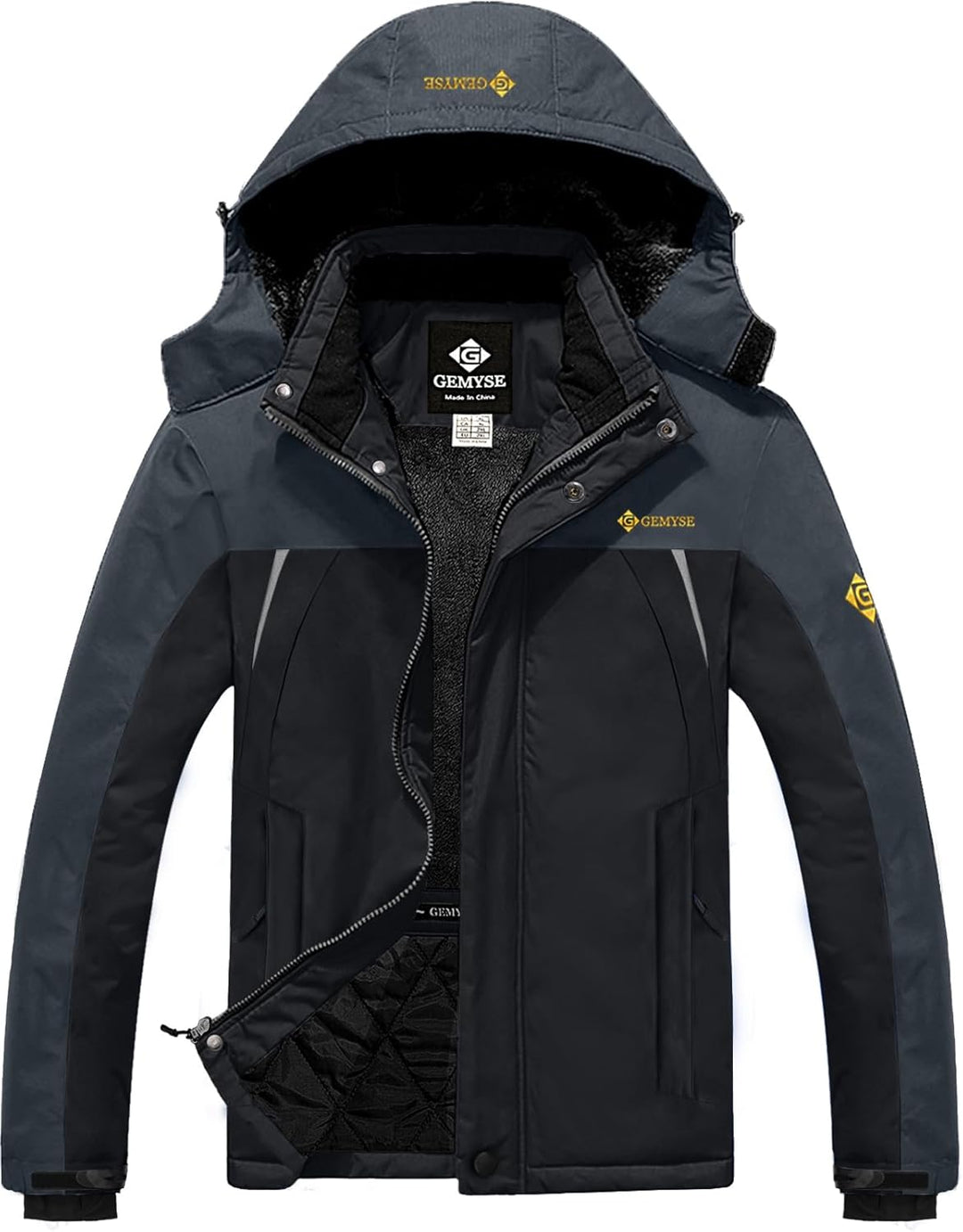 GEMYSE Herren Wasserdichte Skijacke Winddichte Fleece Outdoor Winterjacke mit Kapuze S Schwarzgrau,