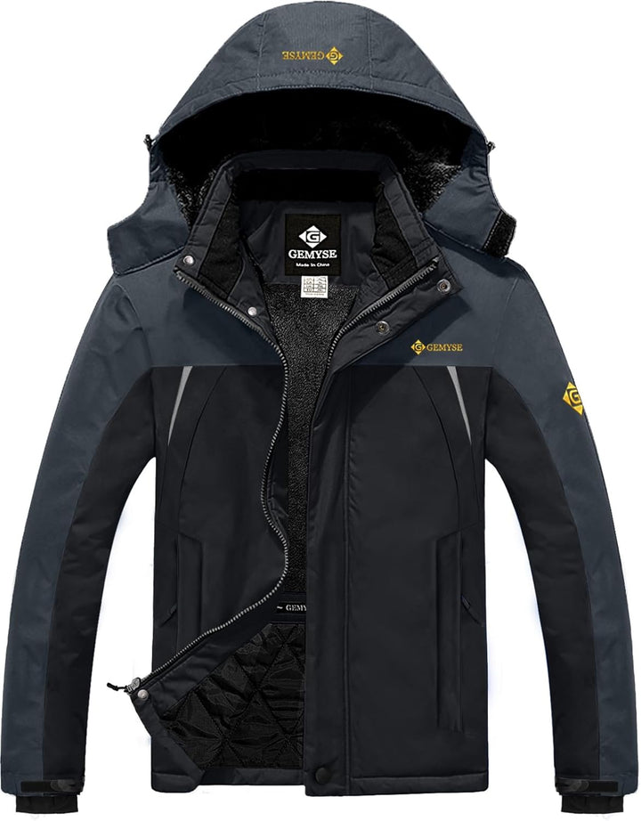 GEMYSE Herren Wasserdichte Skijacke Winddichte Fleece Outdoor Winterjacke mit Kapuze S Schwarzgrau,