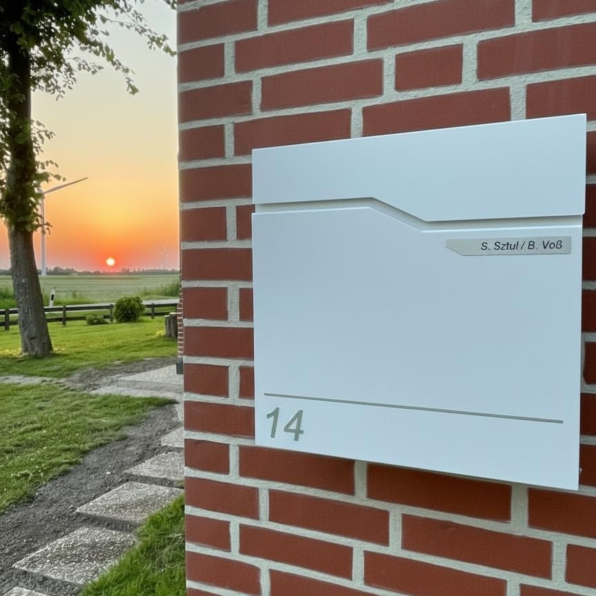 Metzler Exklusiver Briefkasten in Verkehrsweiss RAL 9016 Hoffmann - Wandbriefkasten in Weiss mit V2A