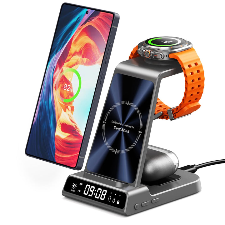 Induktive Ladestation für Samsung, 2025 Upgrade Kabelloses Ladegerät 3 in 1 für Galaxy Watch 8/Ultra