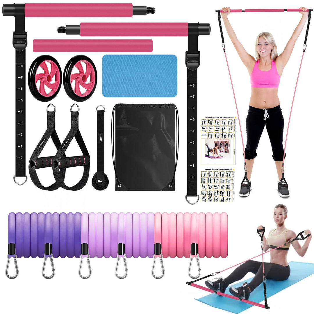 OLODEER Pilates-Stangen Set mit Widerstandsbändern & Bauchrolle | Reformer-Übungsstange für Ganzkörp