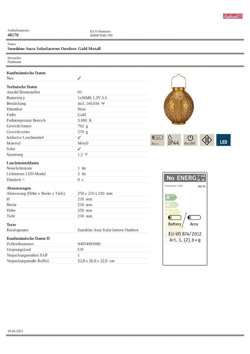 Pauleen 48176 Sunshine Aura Solar-Laterne für Balkon oder Garten Gold Aussenbeleuchtung Metall Solar