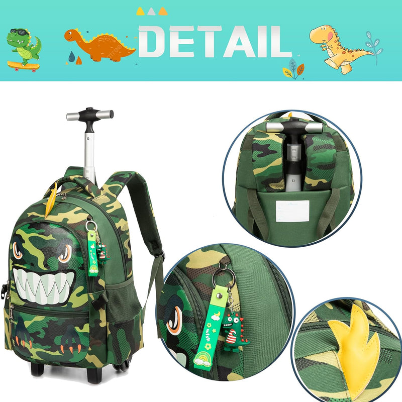 HTgroce Trolley Jungen Schultrolly Schulrucksack mit Rollen Schultrolley Grüner Dinosaurier, Grüner