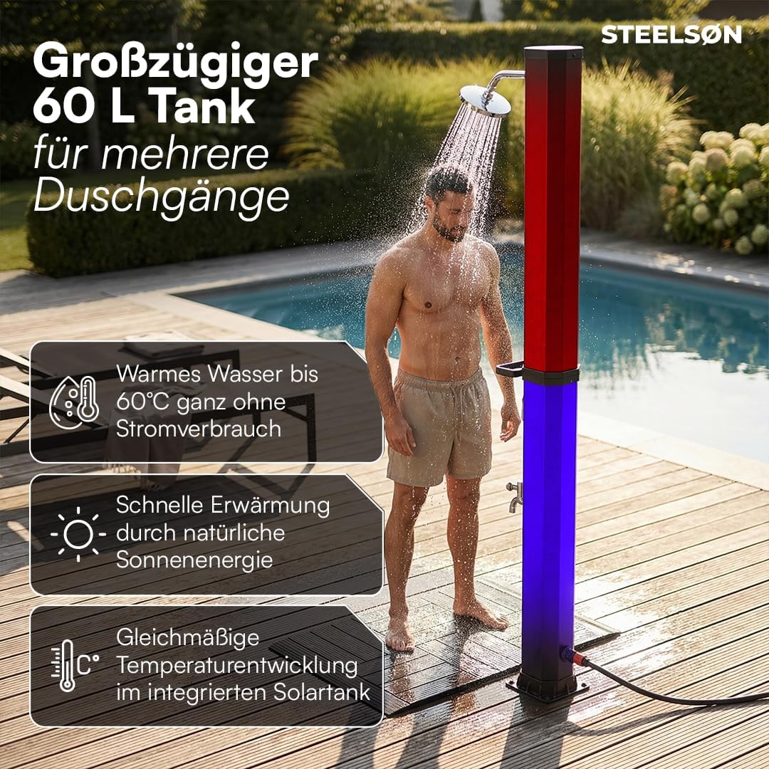 STEELSØN Xypher Solardusche mit Bodenplatte 60L – Gartendusche 60°C – Pooldusche ohne Stromanschluss