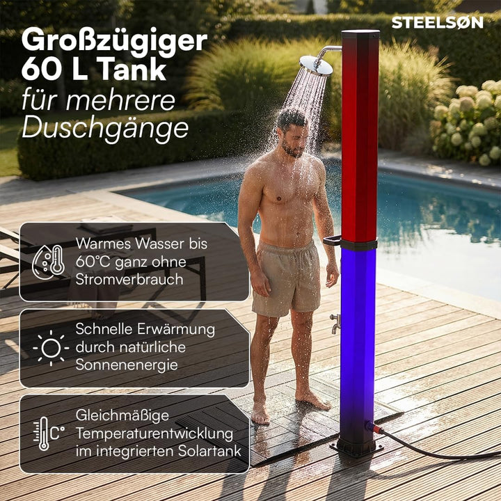 STEELSØN Xypher Solardusche mit Bodenplatte 60L – Gartendusche 60°C – Pooldusche ohne Stromanschluss