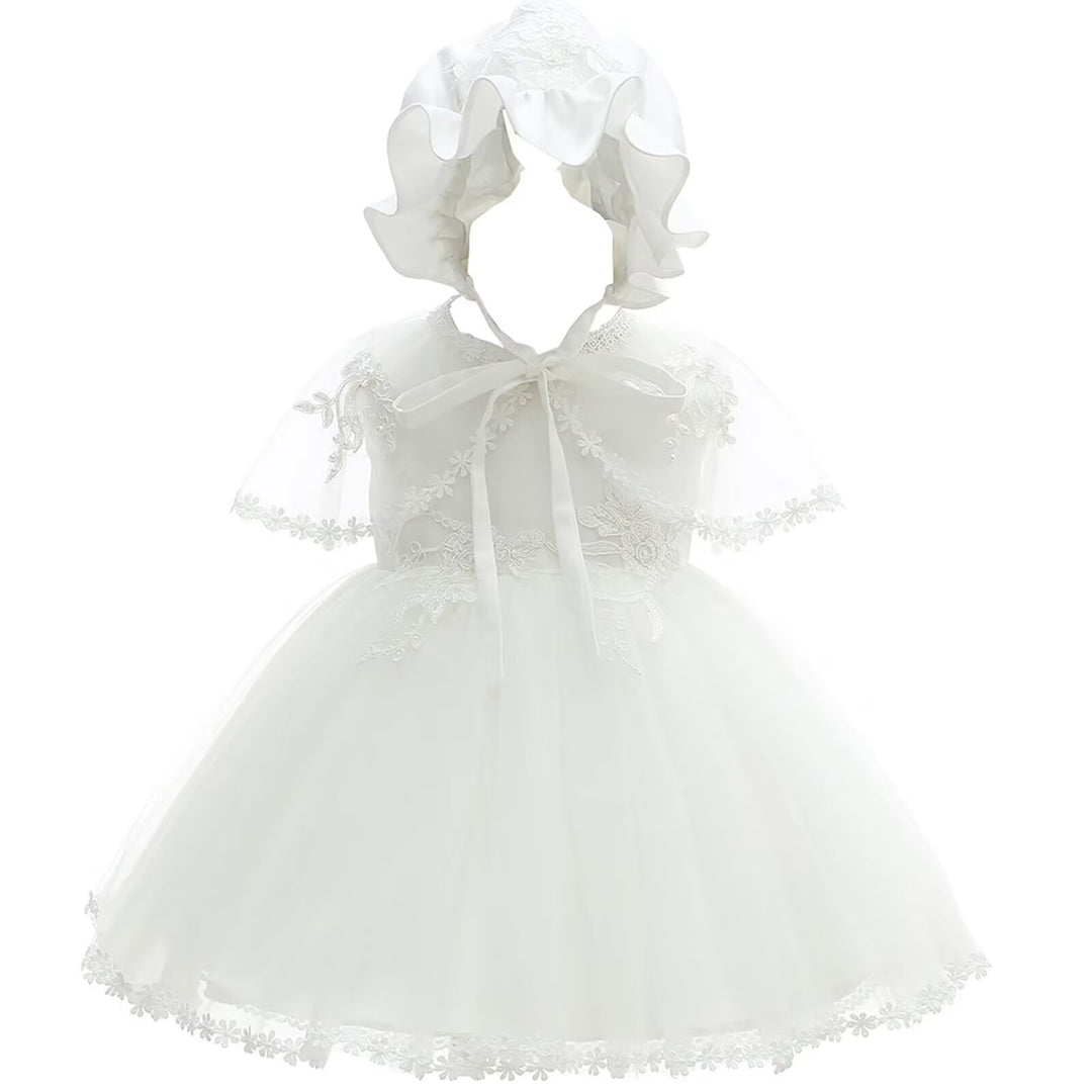 Baby Mädchen Weiss Taufkleid mit Haube Neugeborenen Taufe Kleid Spitzenkleid für Hochzeit Geburtstag