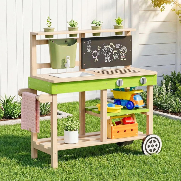 MAMIZO Matschküche Kinder Outdoor aus Holz, Tannenholz, mit Rädern Wassertank Spüle Wasserhahn Pflan