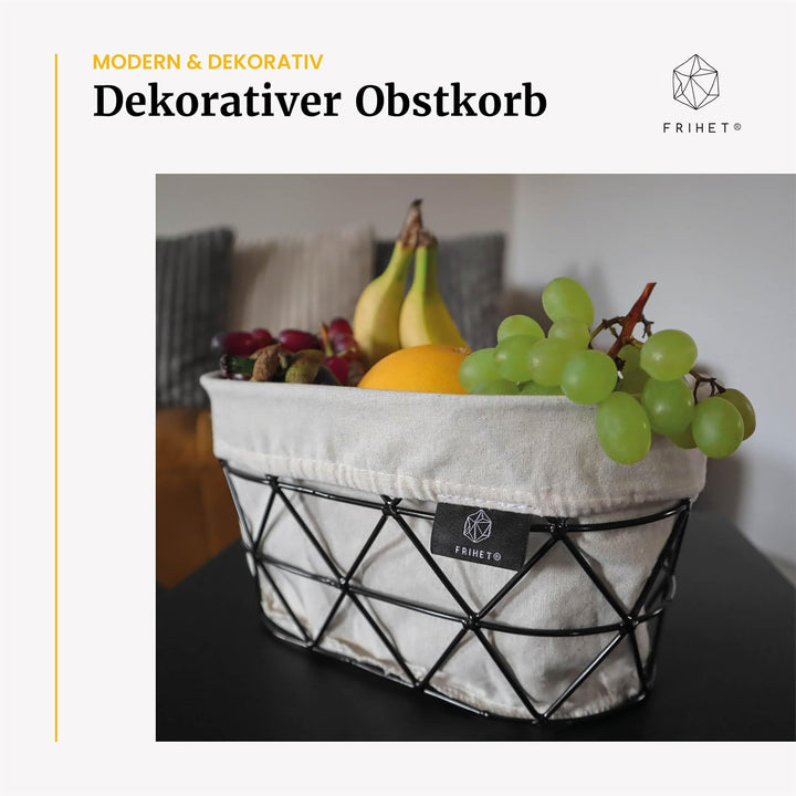FRIHET 2-in-1 Brotkorb &amp; Obstschale - Metall - waschbare Einlage aus 100% Baumwolle - oval - schwarz