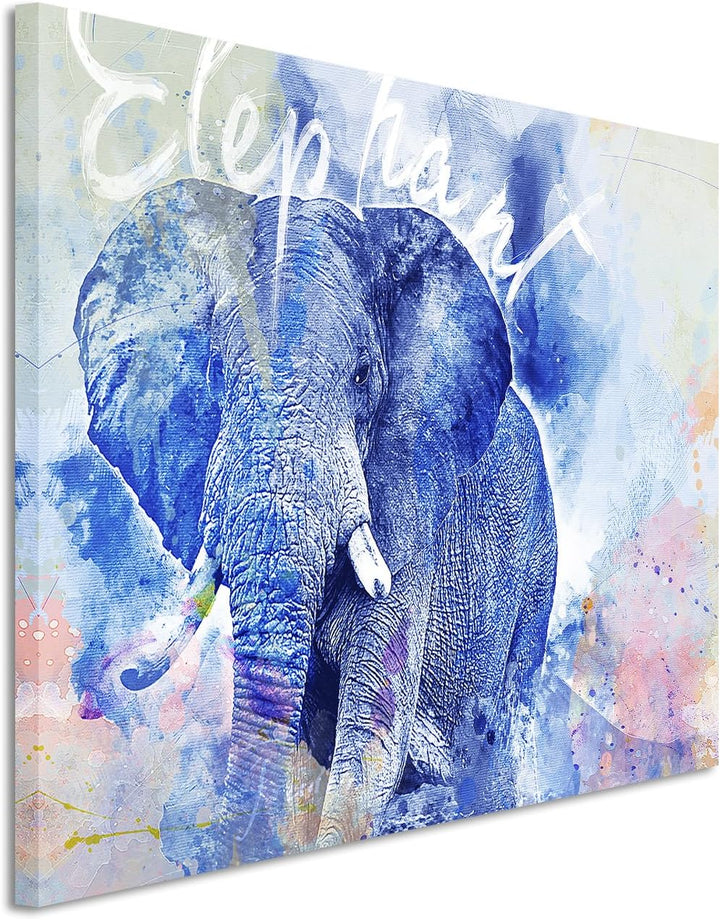 Paul Sinus Art Bild Leinwand 120x80cm Grosser Elefant in Blautönen mit Kalligraphie, 120x80cm
