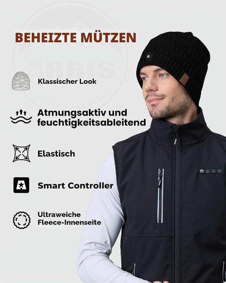 ARRIS Beheizte Mütze, elektrisch, beheizt, Beanie-Kopfwärmer, mit 7,4 V wiederaufladbarem Akku, für