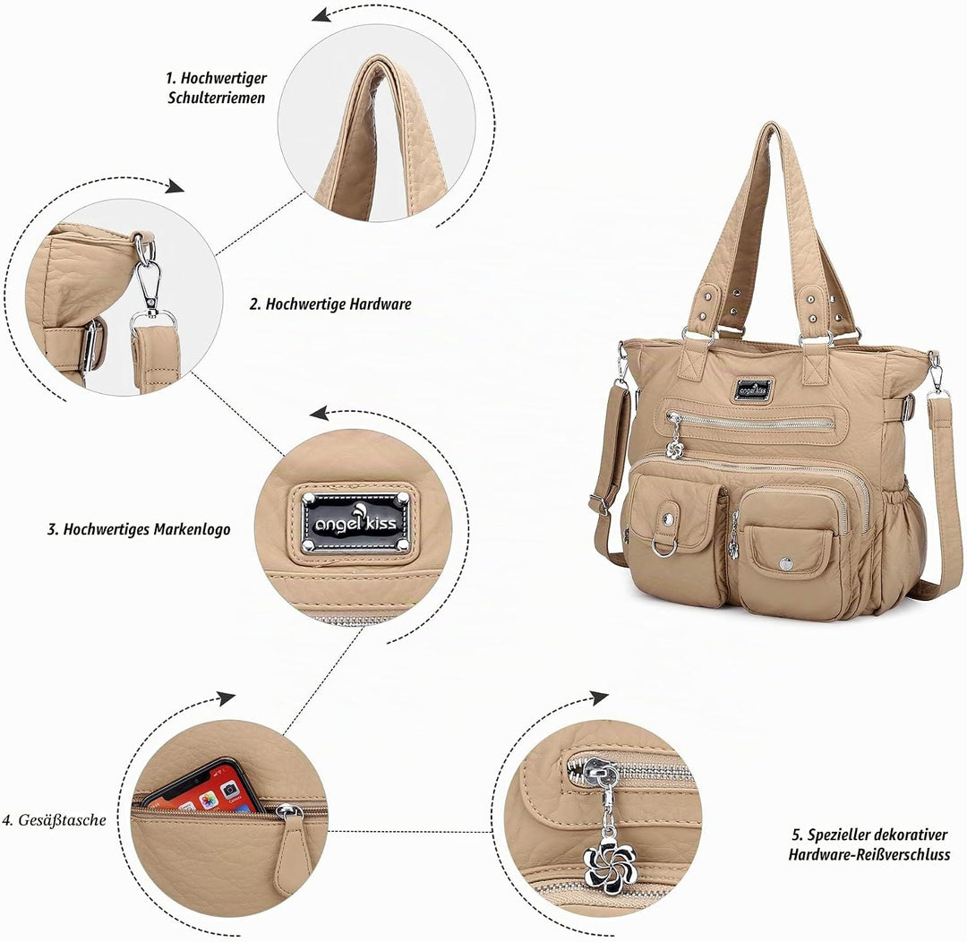 AngelKiss Handtasche Damen Schultertasche Multifunktionale Umhängetaschen Gewaschenes Veganes Leder