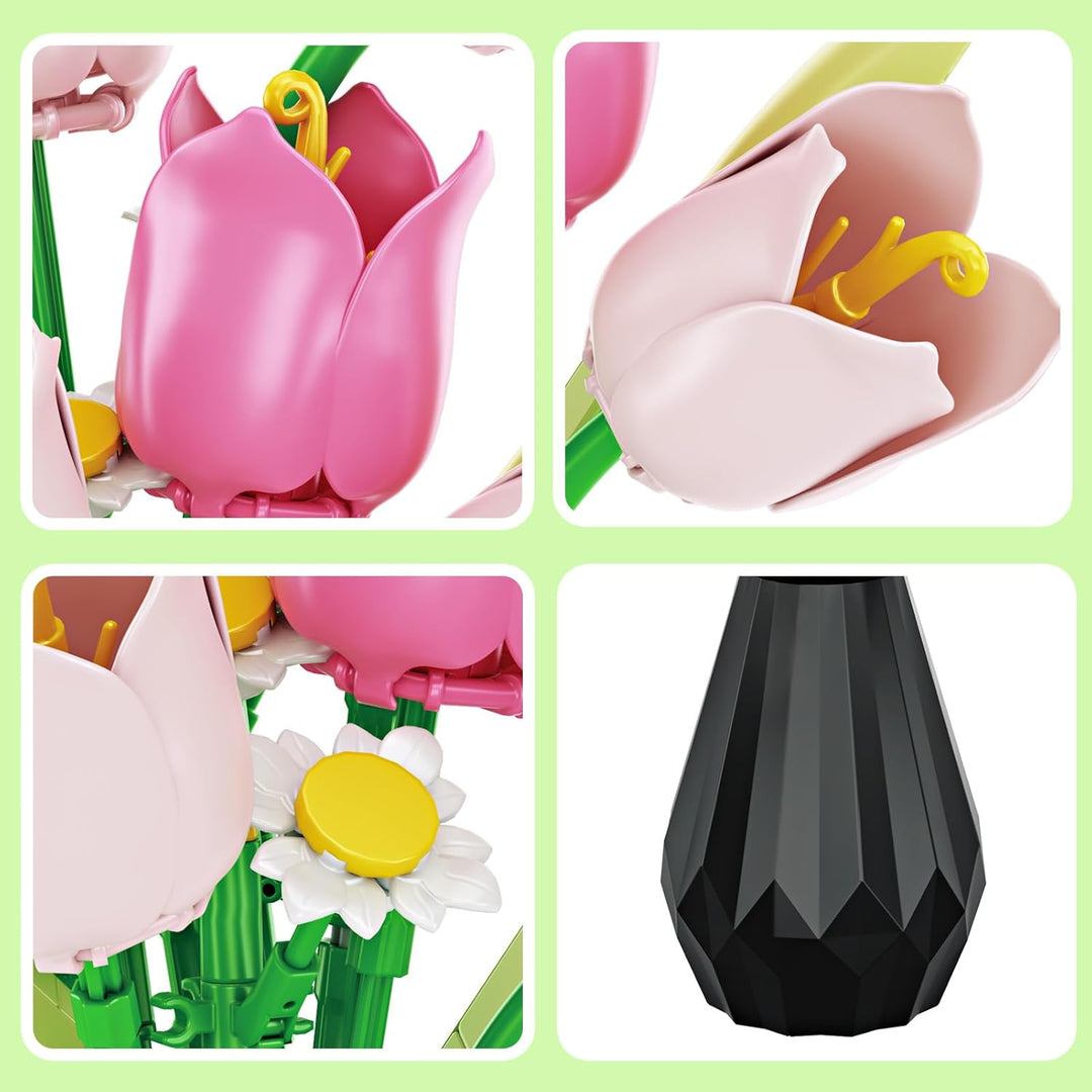 WINNER SPACE Tulpen Blumen Bauspielzeugset mit Vase, 223pcs Botanical Collection Bauklotz Spielzeug