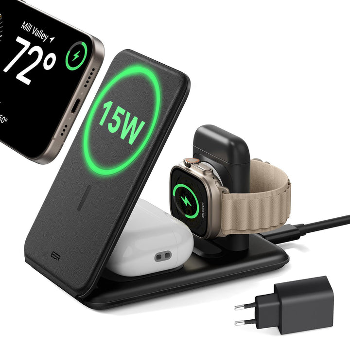 ESR 3 in 1 Ladestation Apple Watch und iPhone, 15W Zertifiziert MagSafe Ladestation mit Apple Watch-