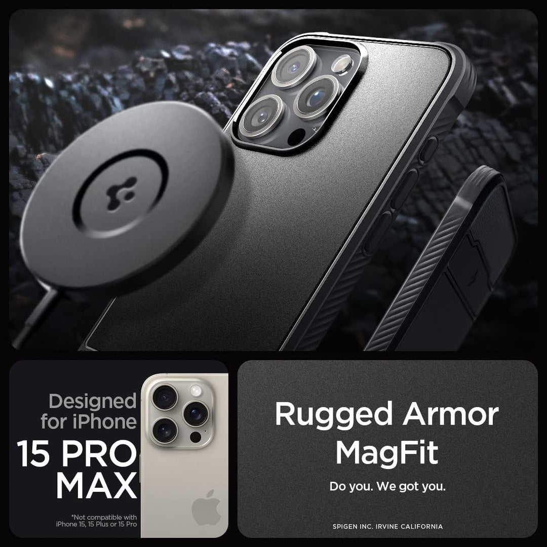 Spigen Rugged Armor MagFit Hülle Kompatibel mit iPhone 15 Pro Max -Matte Black, Matte Black