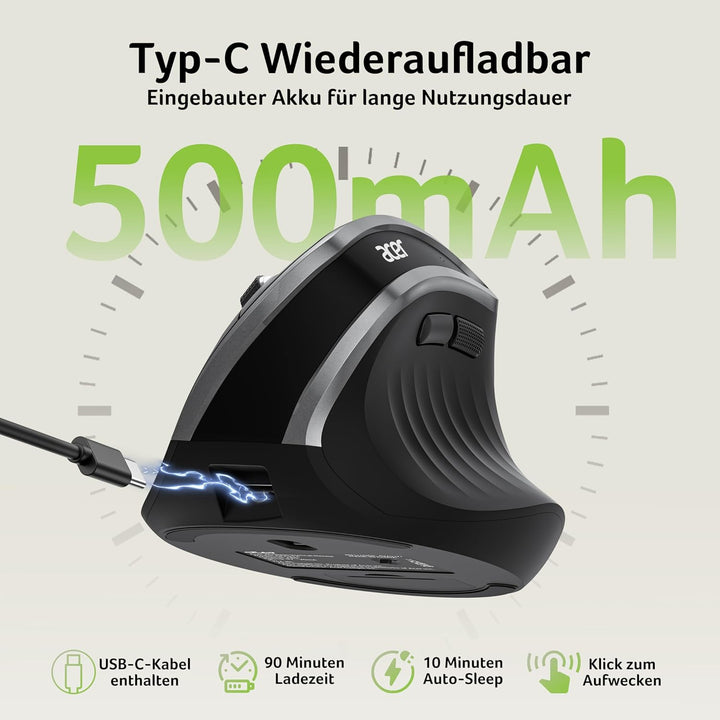 acer 2.4G Ergonomische Maus, Vertikale Optische Maus Kabellos 1600 DPI, Wiederaufladbar Wireless Mou