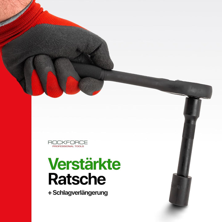 ROCKFORCE 12-tlg. 1/2 Zoll Steckschlüssel-Set mit Ratsche, 6-Kant Stecknüssen 10-24 mm, Verlängerung