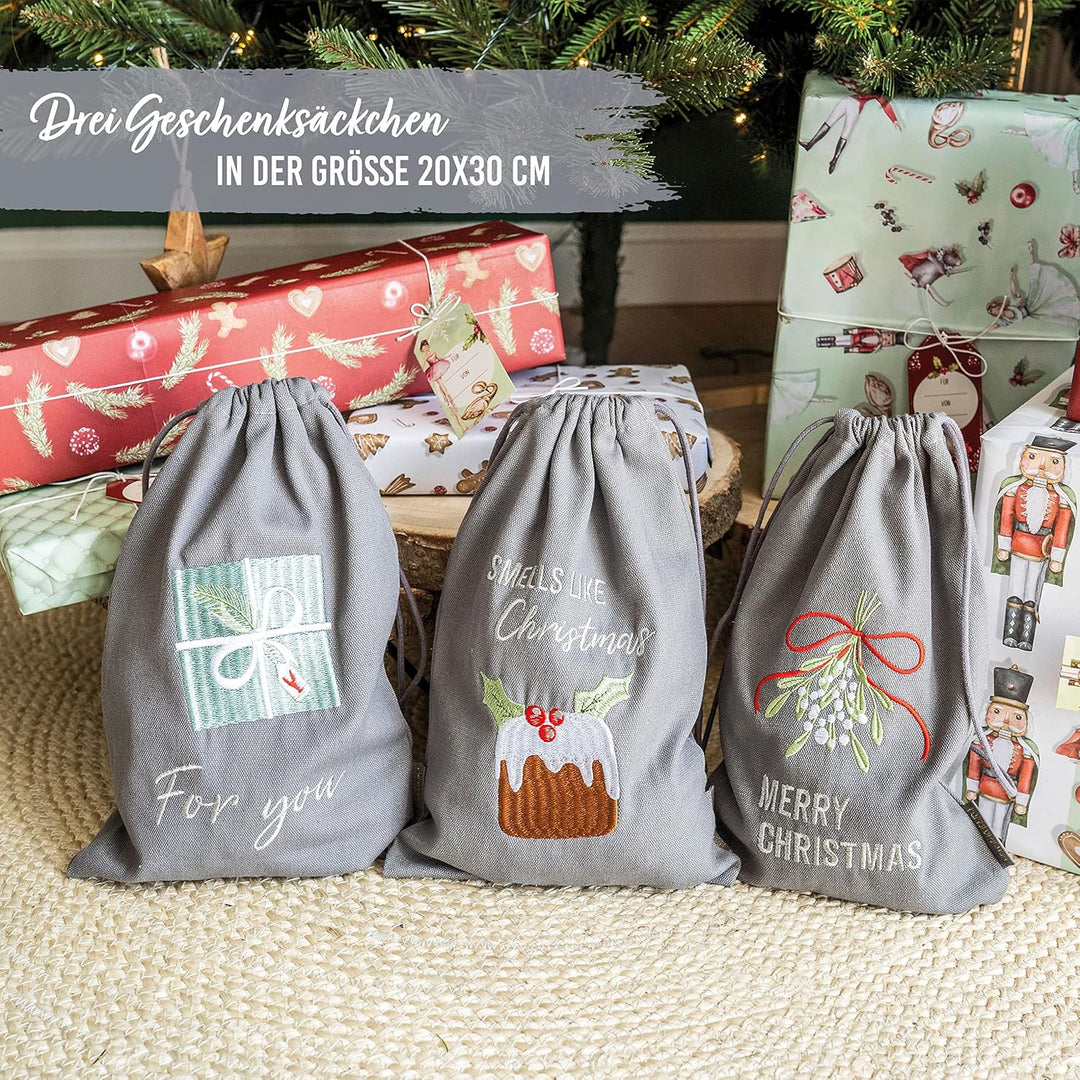 Papierdrachen Geschenkverpackung Weihnachten 2025 - Stoffbeutel 3er Set - 20x30 cm - grau - mit Stic
