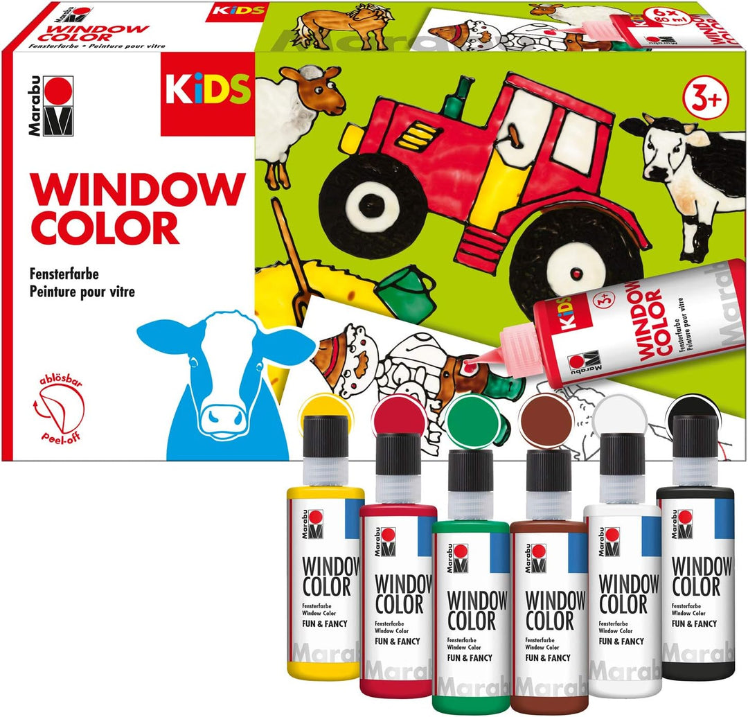 Marabu 0306000000010 - Kids Window Color Farmer mit 6 x 80 ml Farbe, Malvorlage A3 mit 25 Motiven un