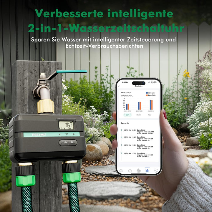 RESTMO 2 Zonen Bewässerungscomputer mit integriertem Bluetooth+Wi-Fi Chip und App-Steuerung, automat