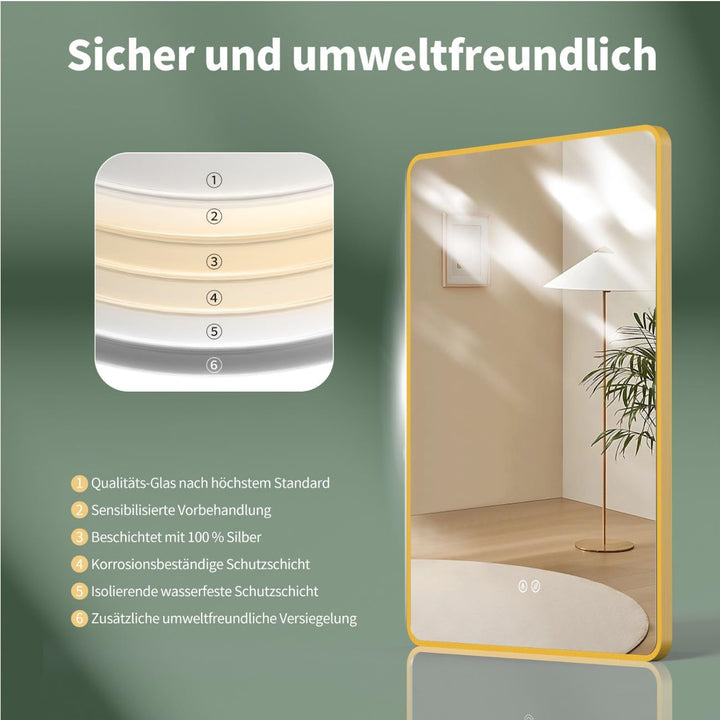 HOKO Anti-Fog LED Badspiegel 100x70 cm / 70x100 cm Ohio mit Goldener Metallrahmen, HOCH+QUER Montage