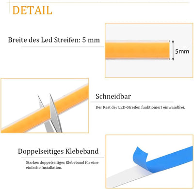 WIFI COB LED Strip 5m Warmweiss, 24V 3000K COB LED Streifen Warmweiss Dimmbar LED Band, Hohe Helligk