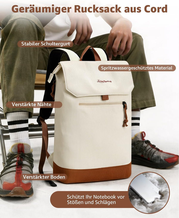 Rucksack Damen & Herren, Mattleder Tagesrucksack mit 15,6" Laptopfach, Eleganter City und Business B